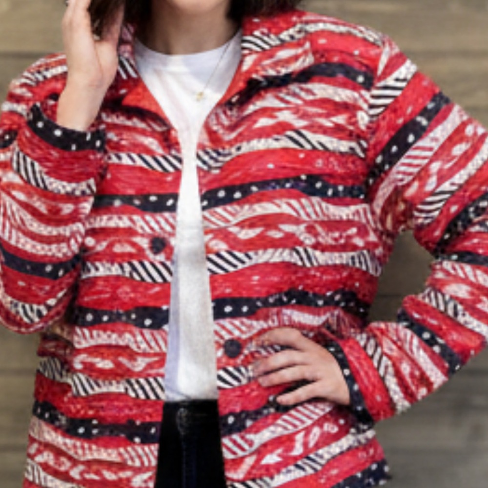 Vintage Keren Hart Quilted Patchwork Jacket Americana USA Flag Print Size L - Picture 2 of 10